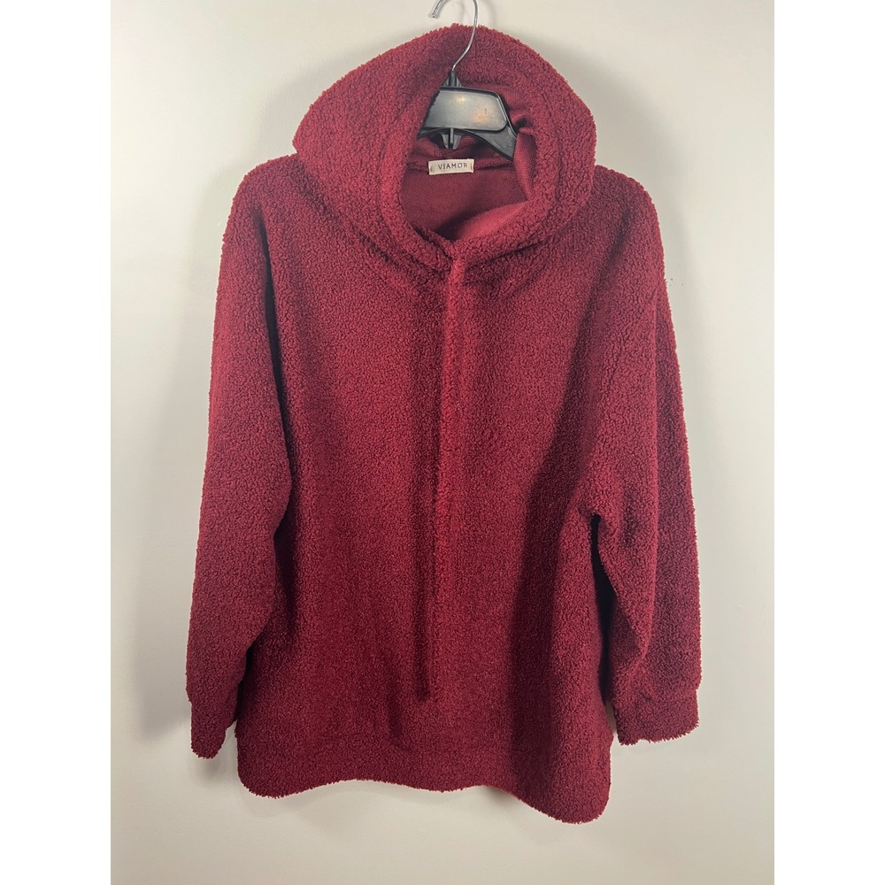 VIAMOR Burgundy Teddy Fleece Hoodie Drawstring Sweatshirt Women's M Long Sleeve